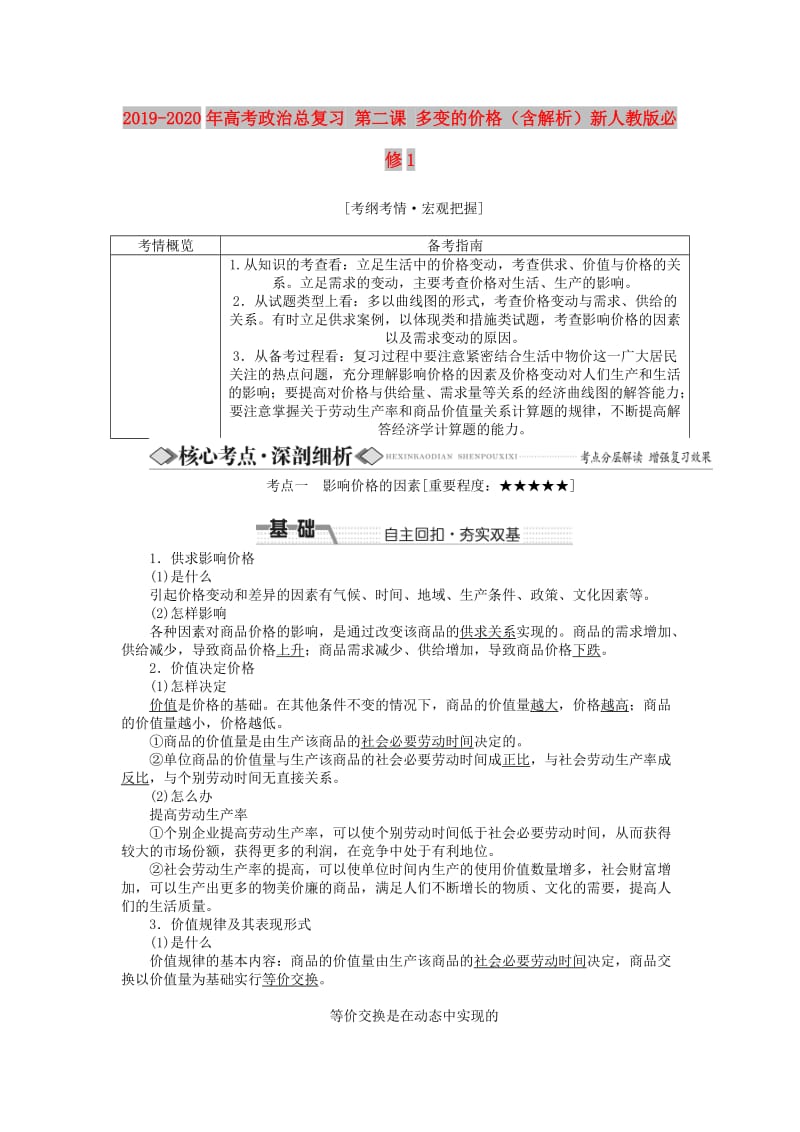 2019-2020年高考政治总复习 第二课 多变的价格（含解析）新人教版必修1.doc_第1页