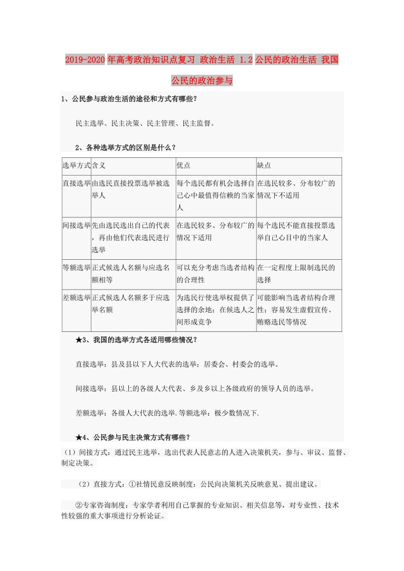 2019-2020年高考政治知识点复习 政治生活 1.2公民的政治生活 我国公民的政治参与.doc_第1页