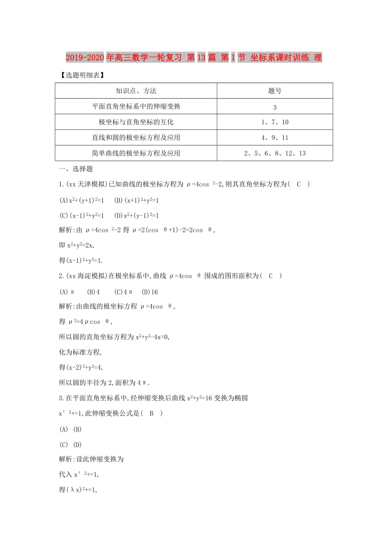 2019-2020年高三数学一轮复习 第13篇 第1节 坐标系课时训练 理.doc_第1页