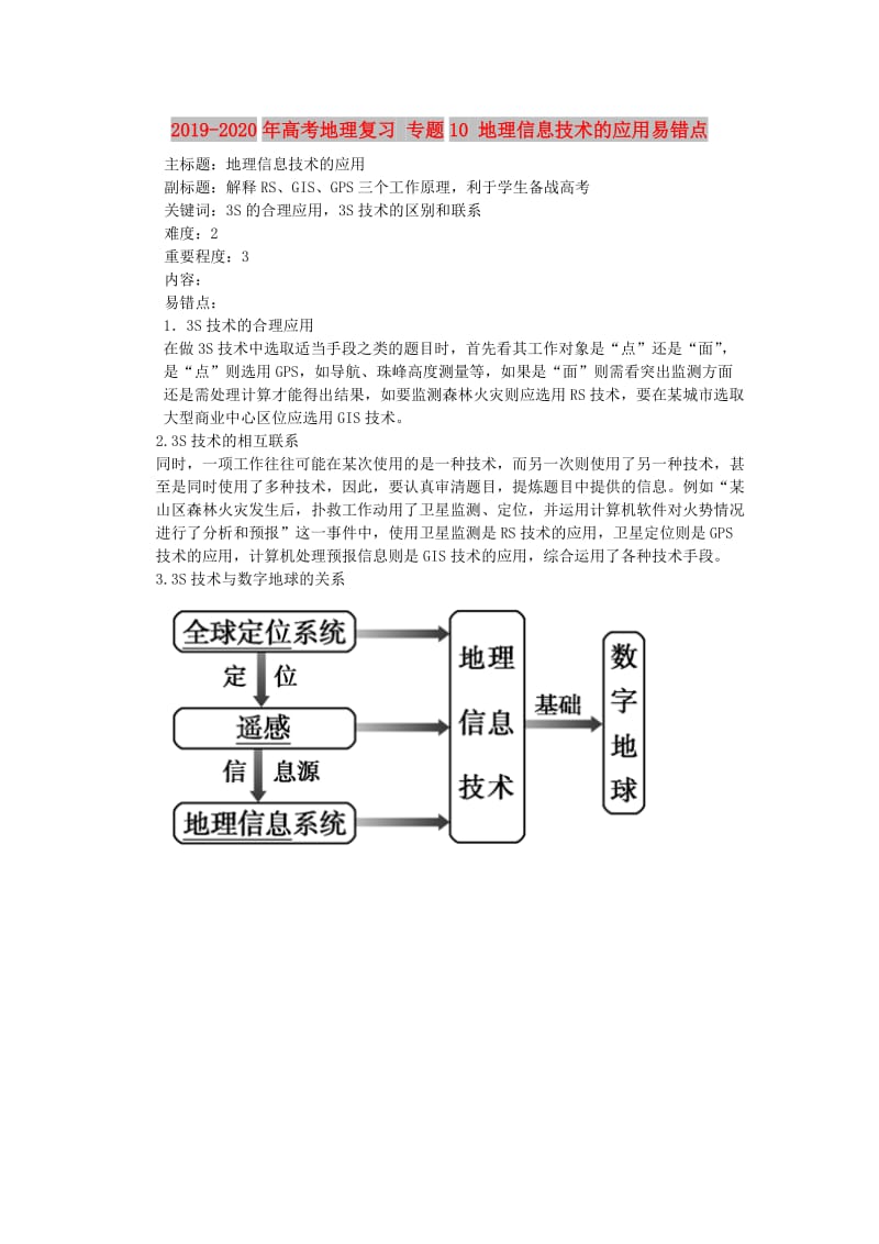 2019-2020年高考地理复习 专题10 地理信息技术的应用易错点.doc_第1页