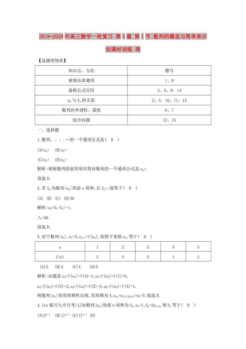 2019-2020年高三数学一轮复习 第5篇 第1节 数列的概念与简单表示法课时训练 理.doc_第1页