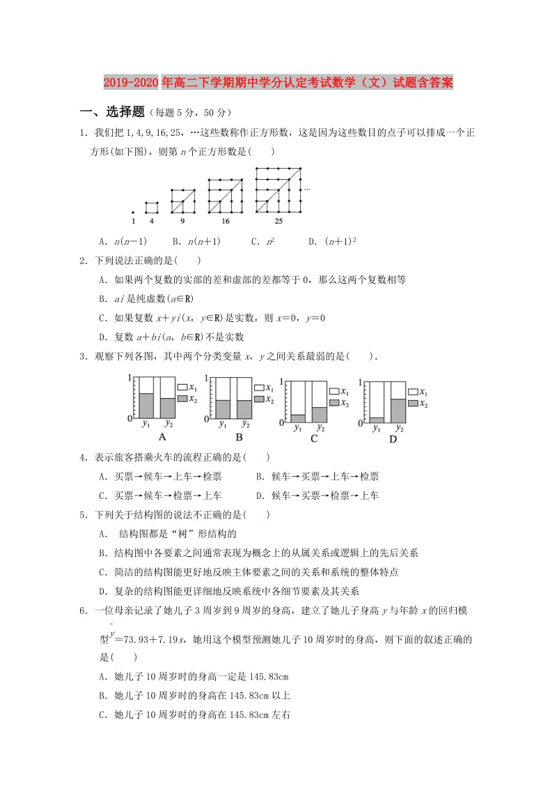 2019-2020年高二下学期期中学分认定考试数学（文）试题含答案.doc_第1页