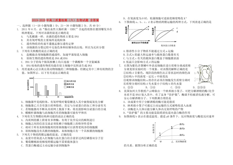 2019-2020年高三质量检测（六）生物试题 含答案.doc_第1页