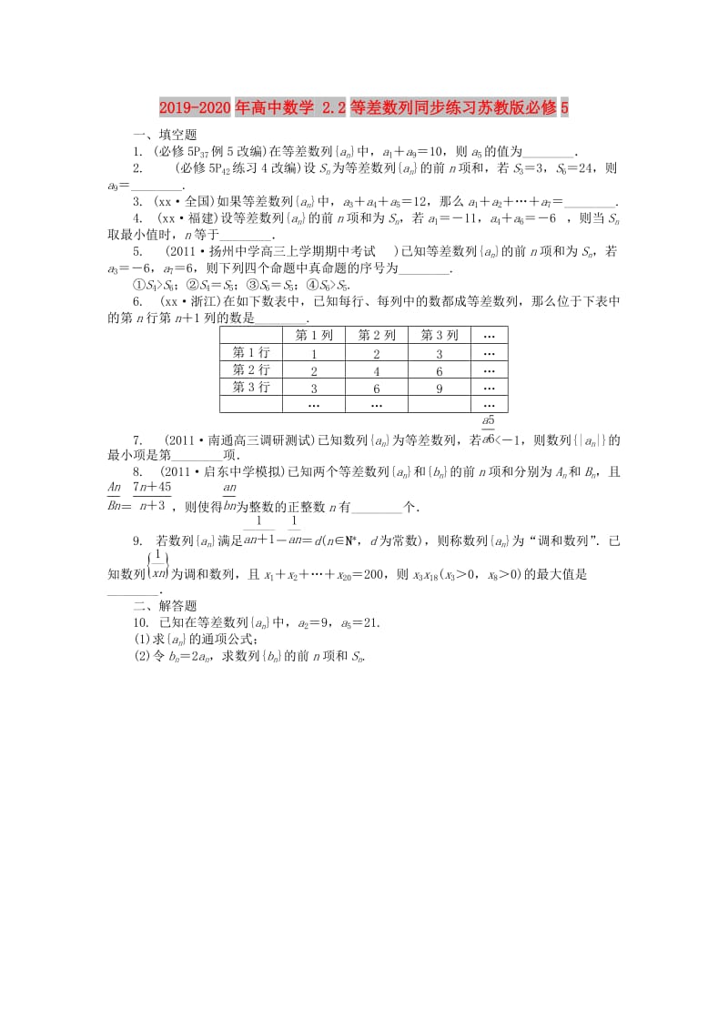 2019-2020年高中数学 2.2等差数列同步练习苏教版必修5.doc_第1页