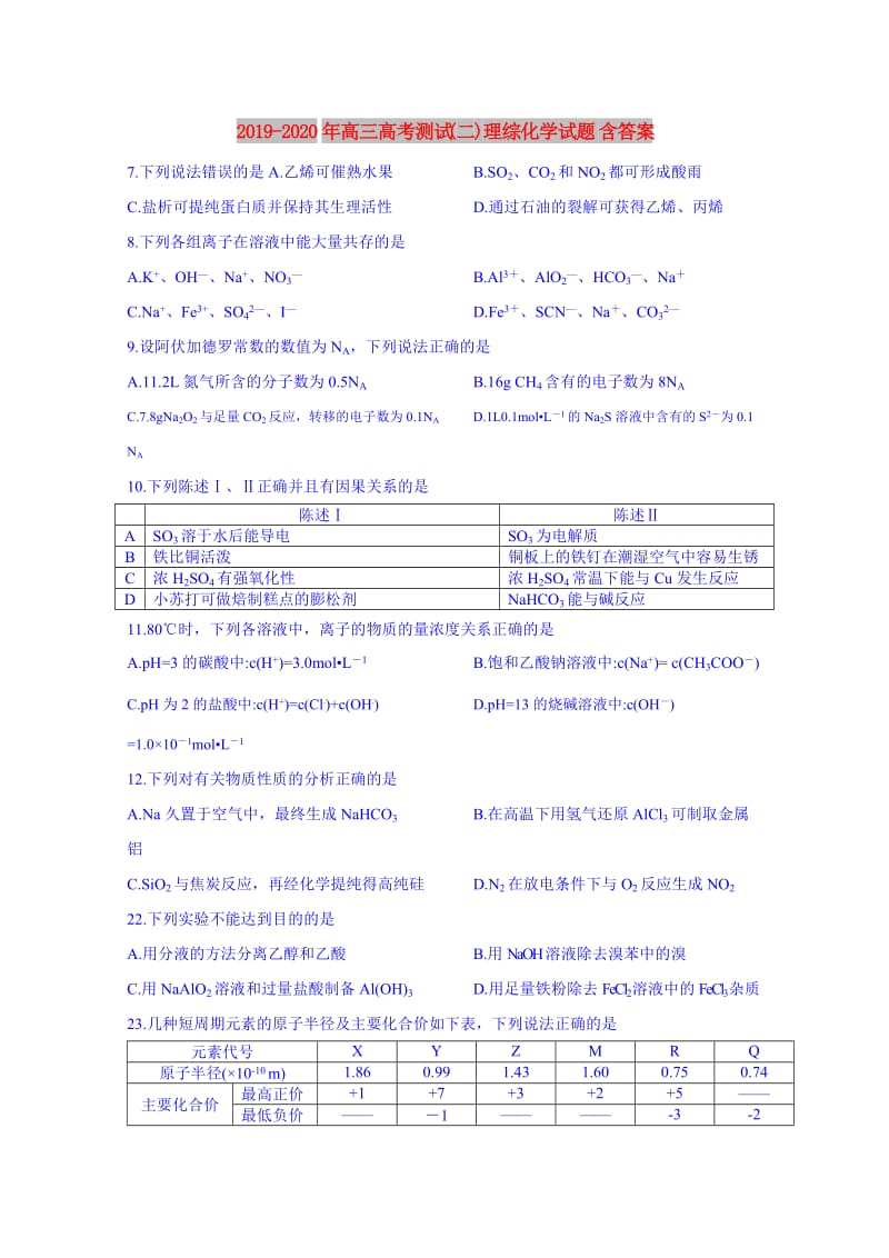 2019-2020年高三高考测试(二)理综化学试题 含答案.doc_第1页