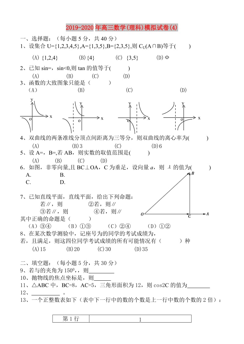 2019-2020年高三数学(理科)模拟试卷(4).doc_第1页