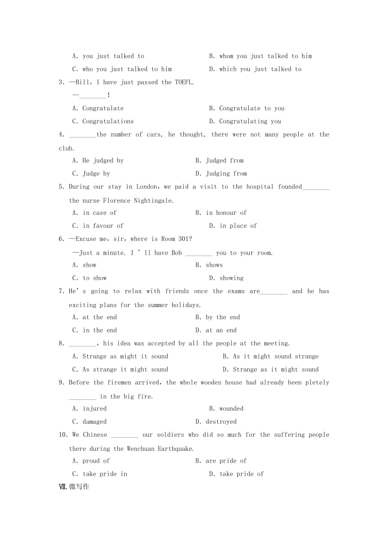 2019-2020年高中英语 Unit 4 Earthquakes Period Two Integrating Skills同步测试4 新人教版必修1.doc_第3页