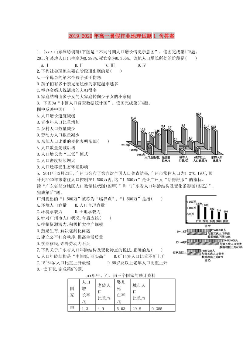 2019-2020年高一暑假作业地理试题1 含答案.doc_第1页