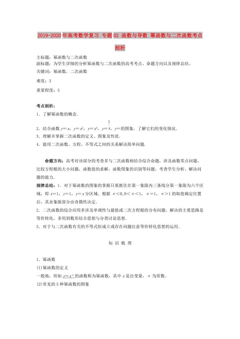 2019-2020年高考数学复习 专题02 函数与导数 幂函数与二次函数考点剖析.doc_第1页