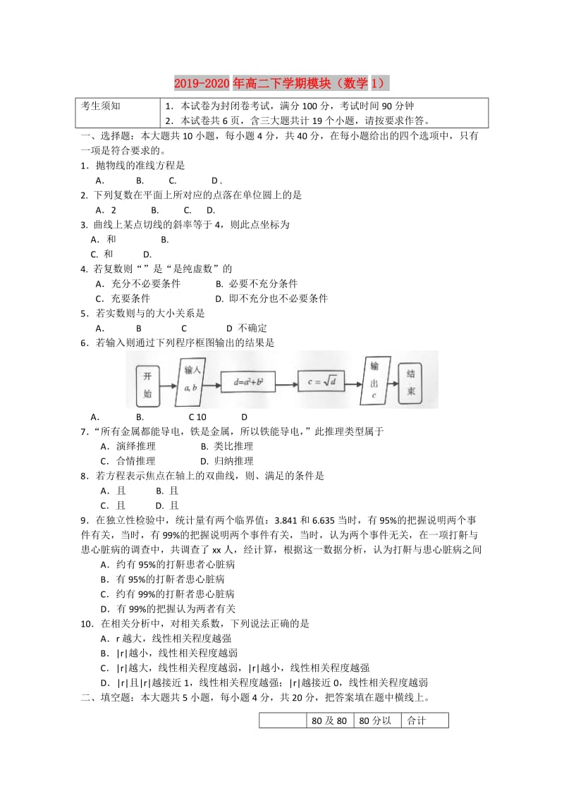 2019-2020年高二下学期模块（数学1）.doc_第1页