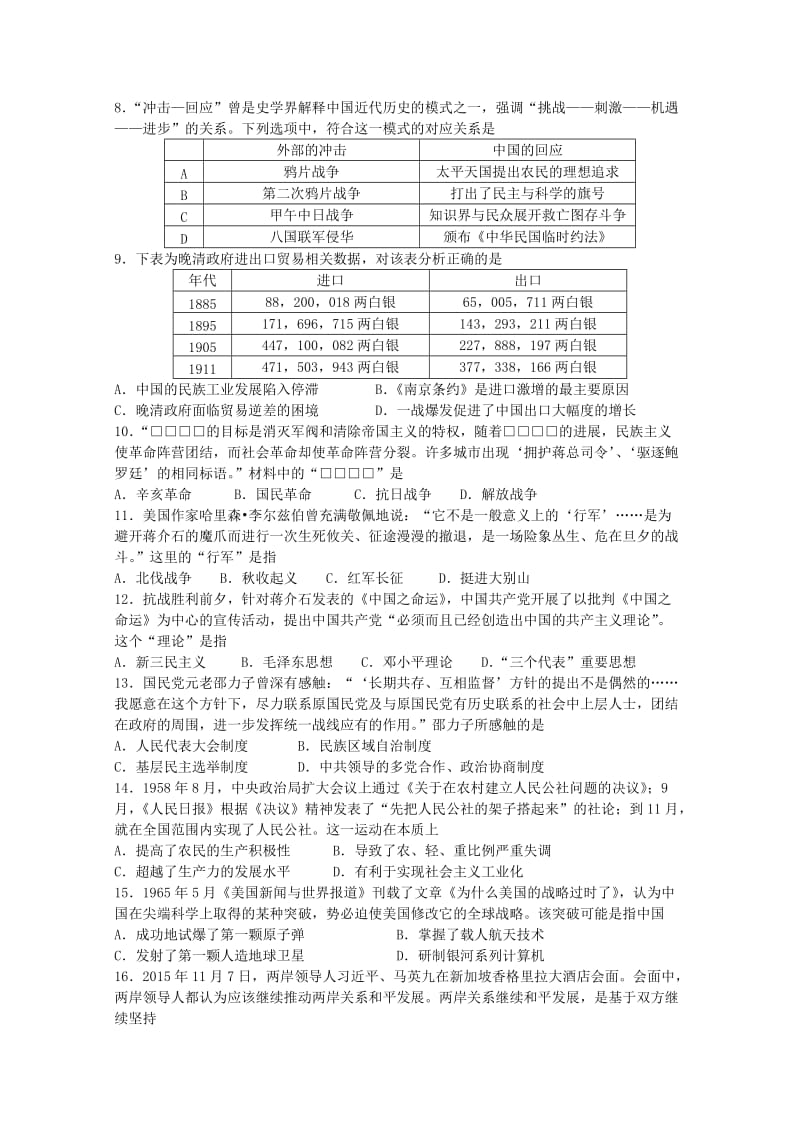 2019-2020年高中学业水平测试（必修科目）模拟试卷（3月）历史含答案.doc_第2页