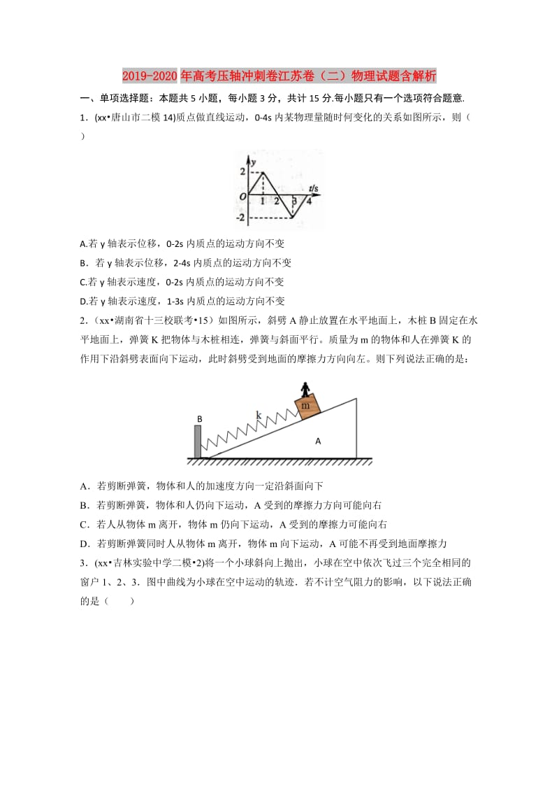 2019-2020年高考压轴冲刺卷江苏卷（二）物理试题含解析.doc_第1页