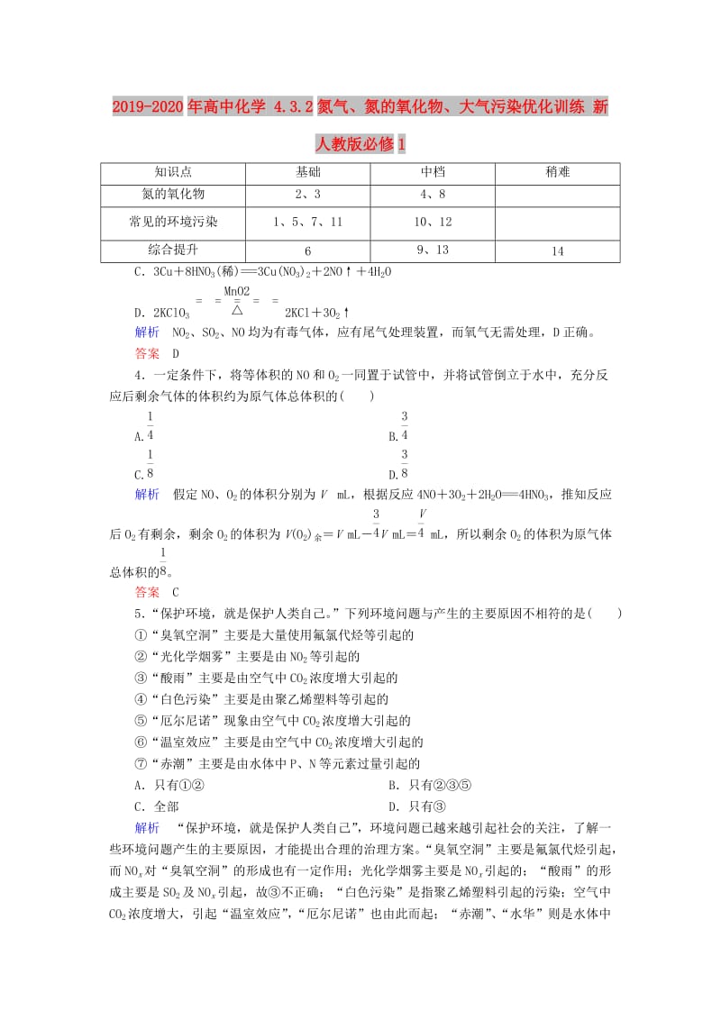 2019-2020年高中化学 4.3.2氮气、氮的氧化物、大气污染优化训练 新人教版必修1.doc_第1页