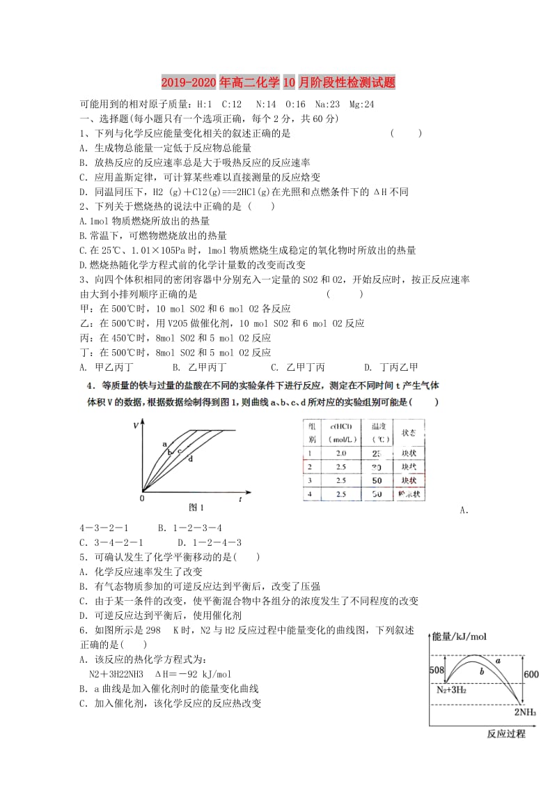 2019-2020年高二化学10月阶段性检测试题.doc_第1页