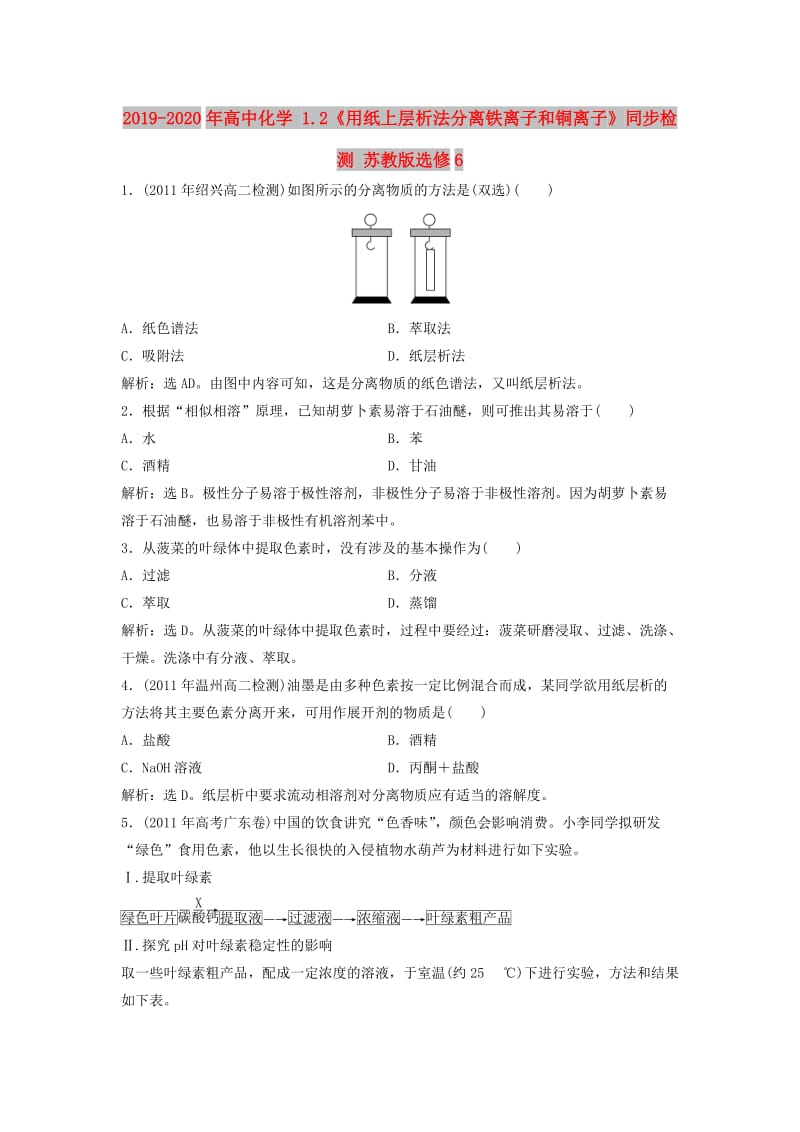 2019-2020年高中化学 1.2《用纸上层析法分离铁离子和铜离子》同步检测 苏教版选修6.doc_第1页