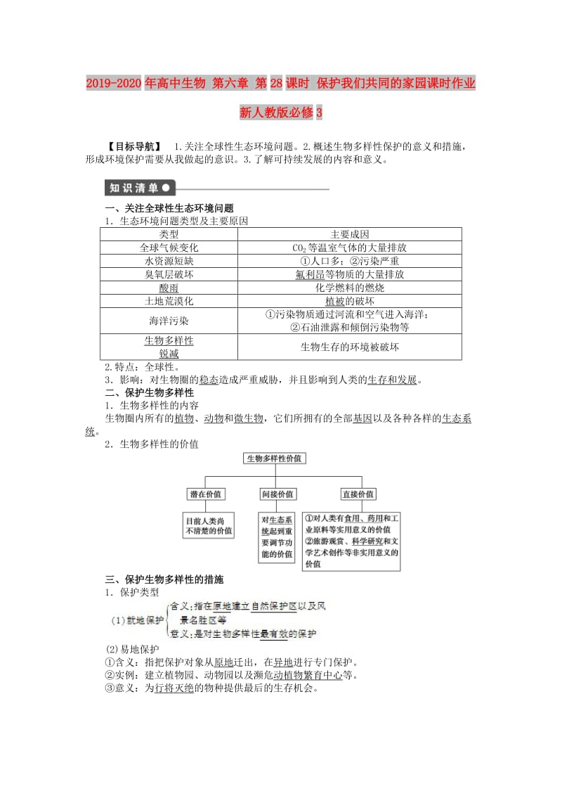 2019-2020年高中生物 第六章 第28课时 保护我们共同的家园课时作业 新人教版必修3.doc_第1页