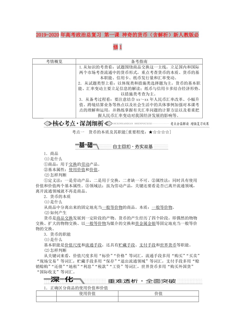 2019-2020年高考政治总复习 第一课 神奇的货币（含解析）新人教版必修1.doc_第1页