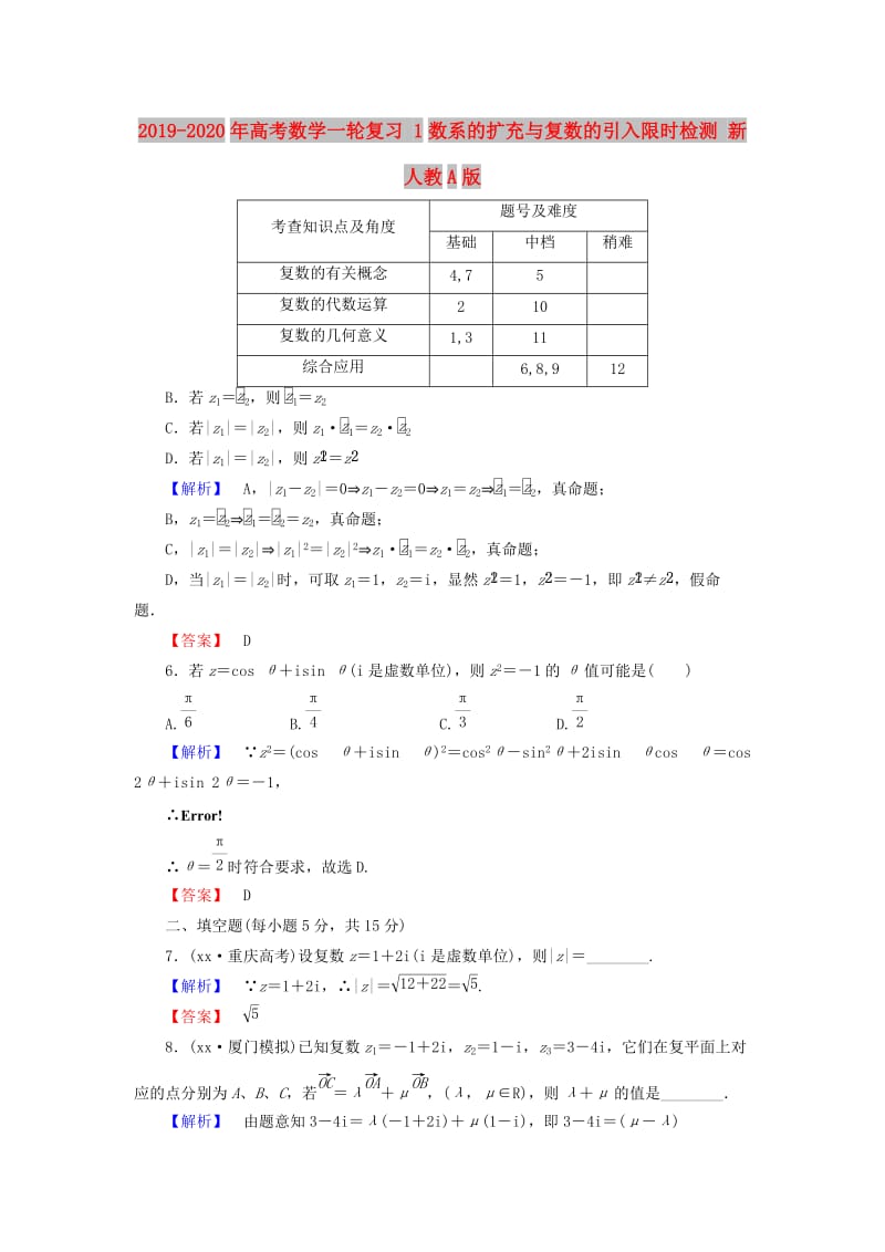 2019-2020年高考数学一轮复习 1数系的扩充与复数的引入限时检测 新人教A版.doc_第1页