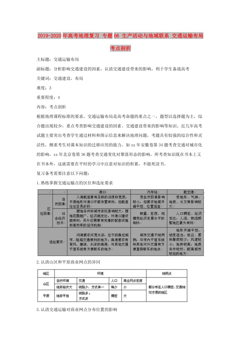 2019-2020年高考地理复习 专题06 生产活动与地域联系 交通运输布局考点剖析.doc_第1页