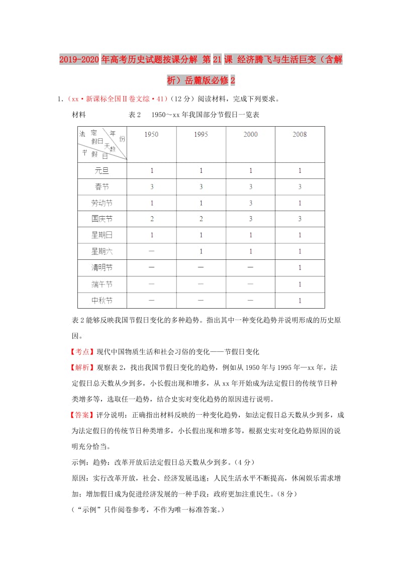 2019-2020年高考历史试题按课分解 第21课 经济腾飞与生活巨变（含解析）岳麓版必修2.DOC_第1页