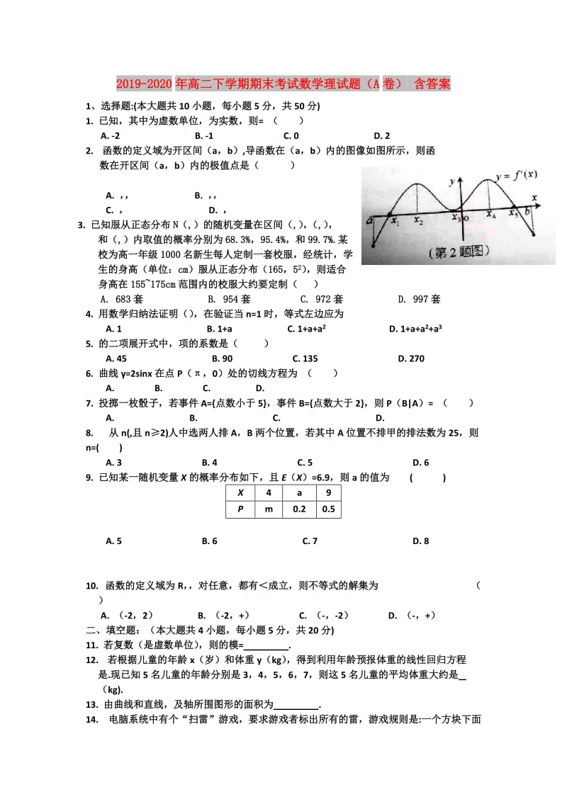 2019-2020年高二下学期期末考试数学理试题（A卷） 含答案.doc_第1页