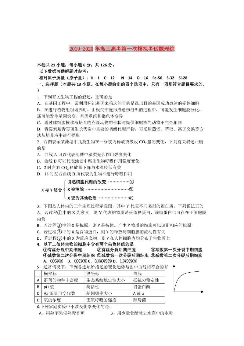 2019-2020年高三高考第一次模拟考试题理综.doc_第1页