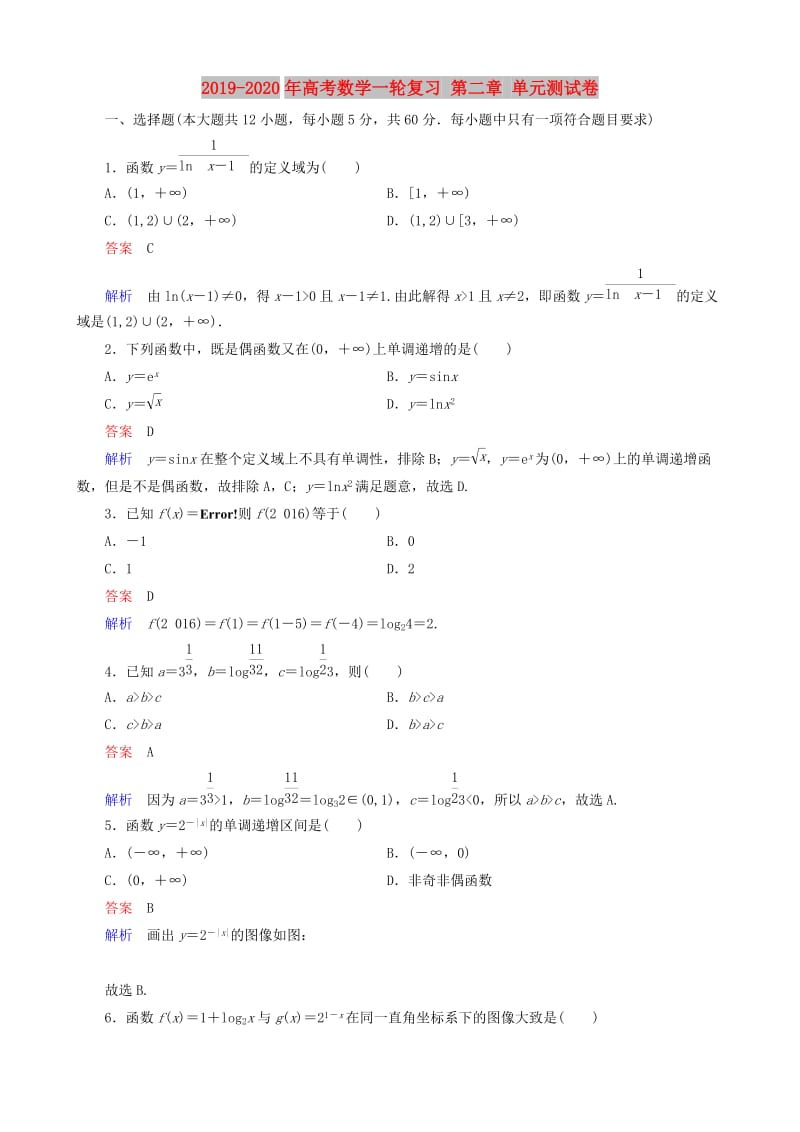 2019-2020年高考数学一轮复习 第二章 单元测试卷.doc_第1页