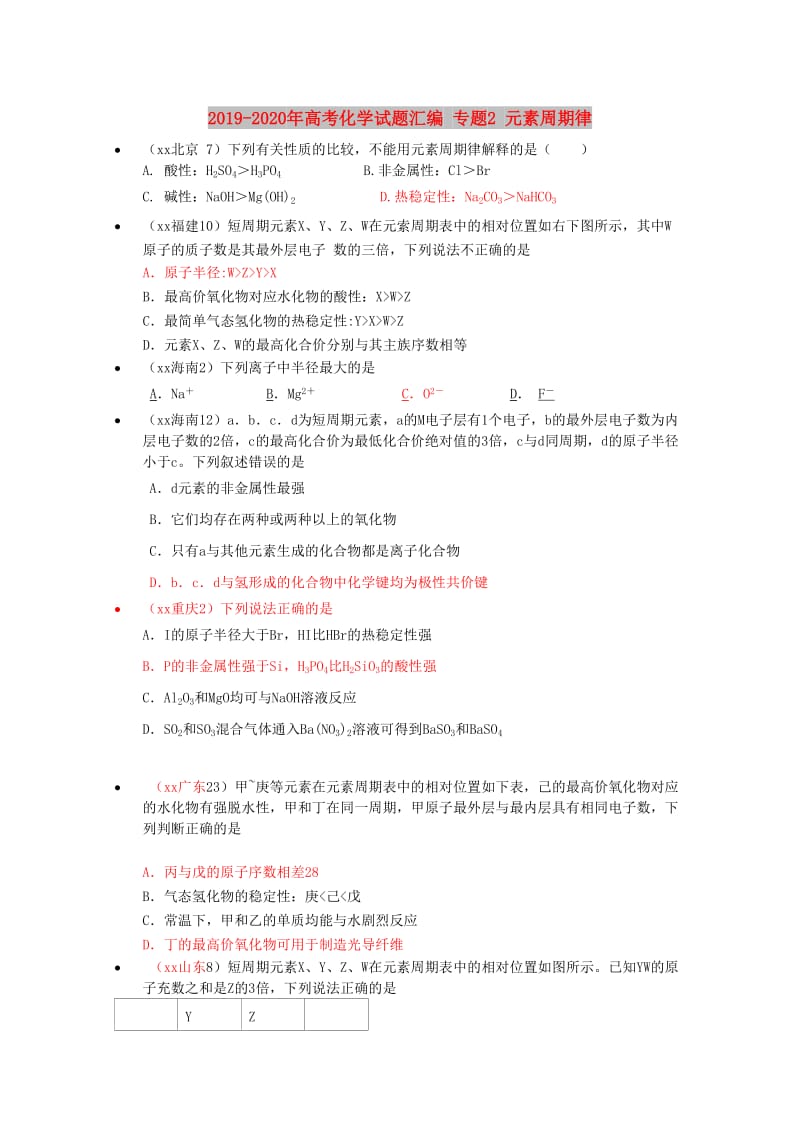 2019-2020年高考化学试题汇编 专题2 元素周期律.doc_第1页