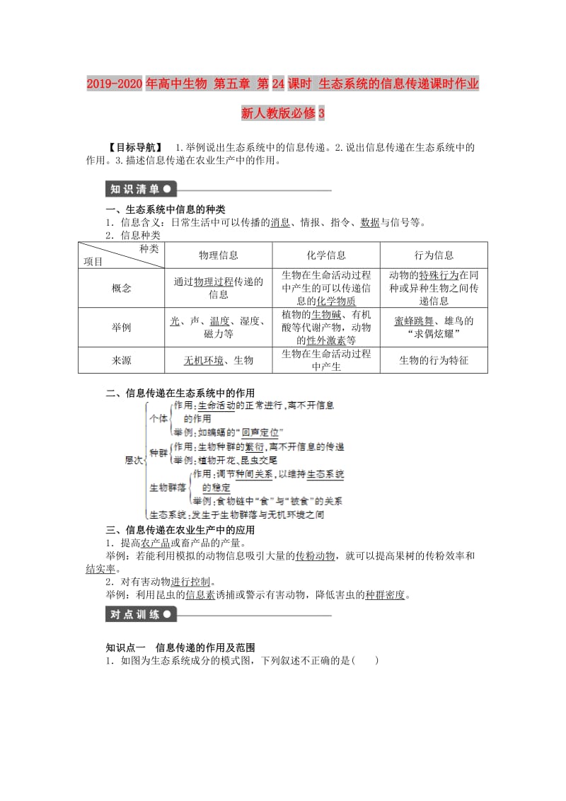 2019-2020年高中生物 第五章 第24课时 生态系统的信息传递课时作业 新人教版必修3.doc_第1页