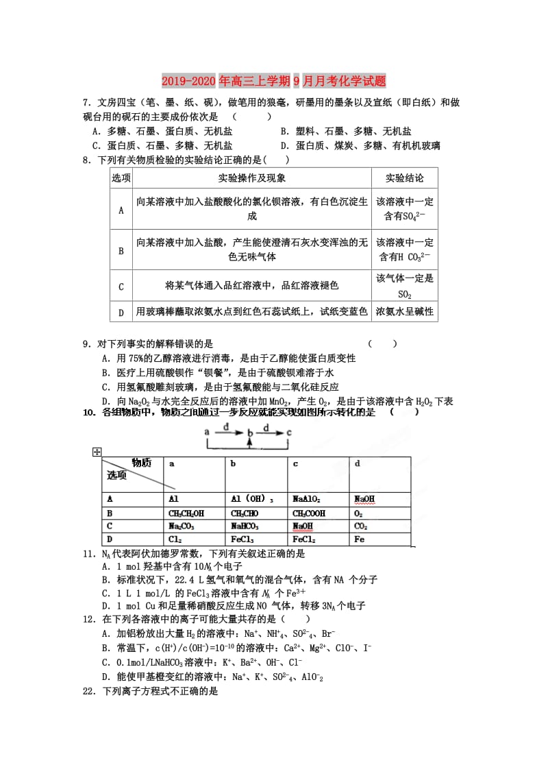 2019-2020年高三上学期9月月考化学试题.doc_第1页