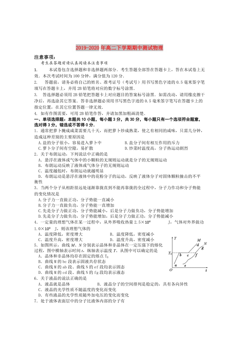 2019-2020年高二下学期期中测试物理.doc_第1页