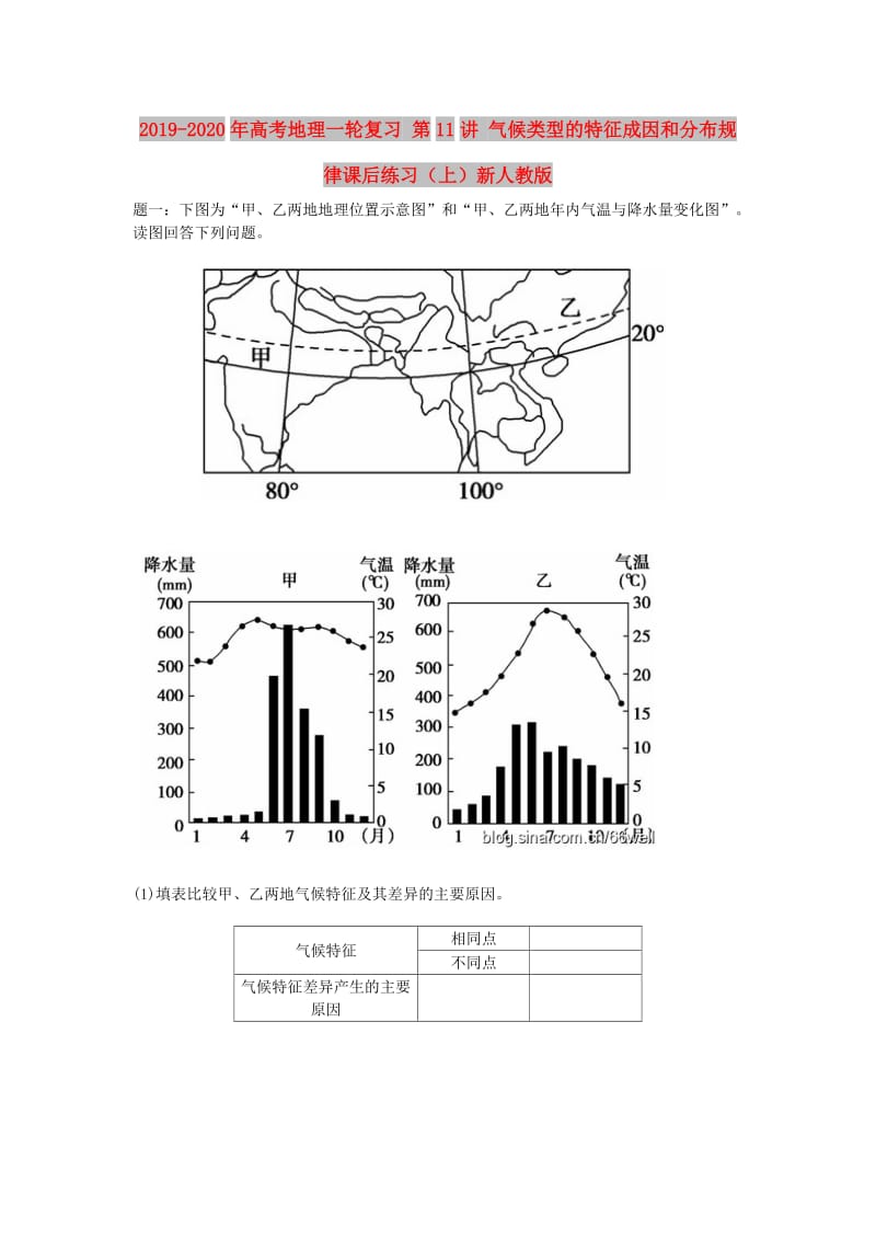 2019-2020年高考地理一轮复习 第11讲 气候类型的特征成因和分布规律课后练习（上）新人教版.doc_第1页