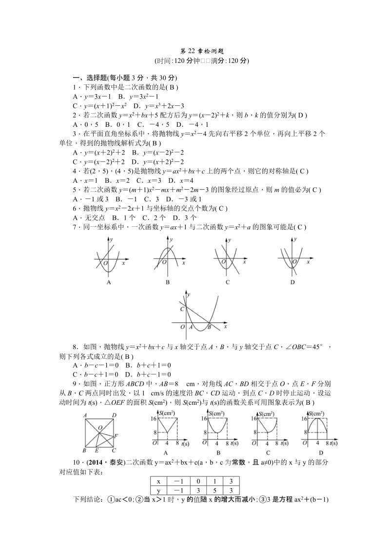 新人教版数学九年级上第22章二次函数检测题含答案.doc_第1页