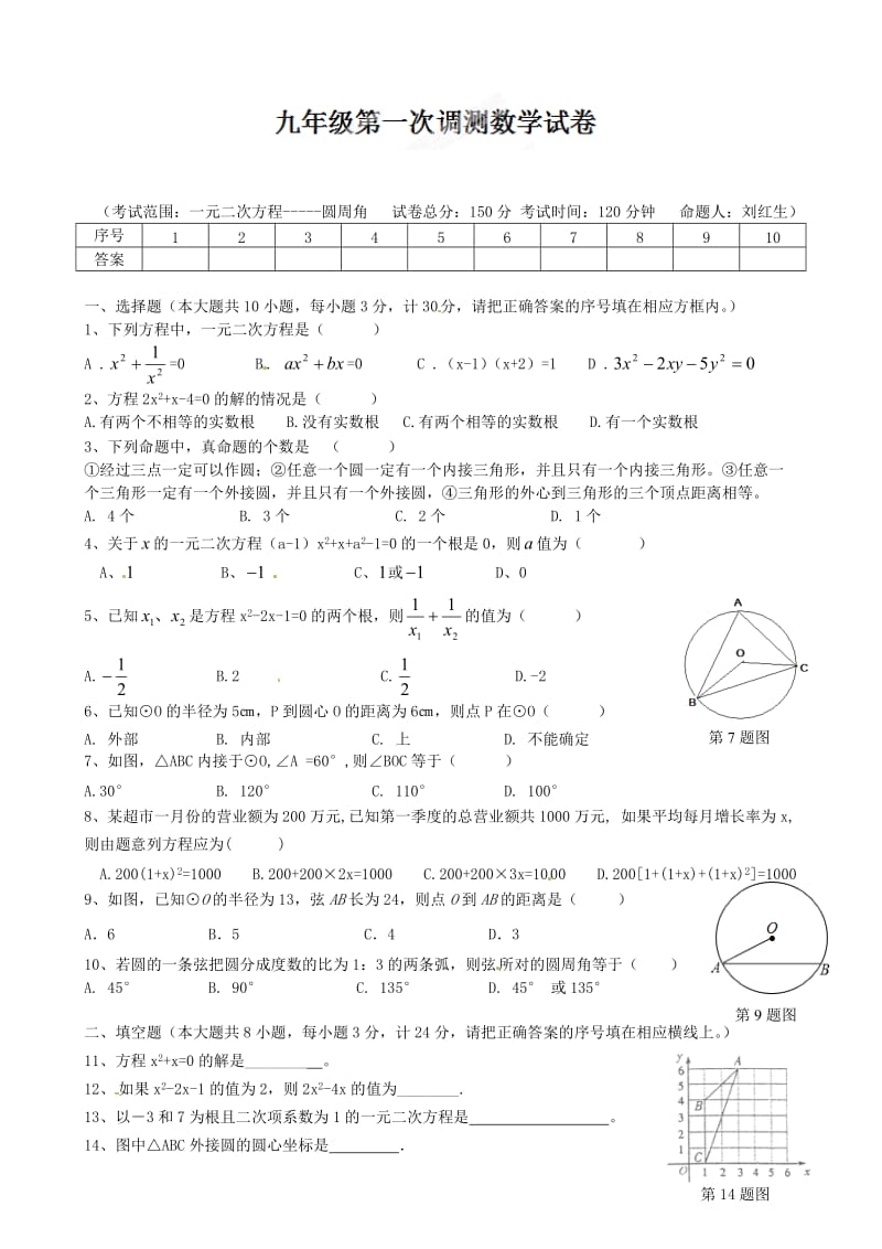 盐城市九年级数学第一次月考试题及答案.doc_第1页