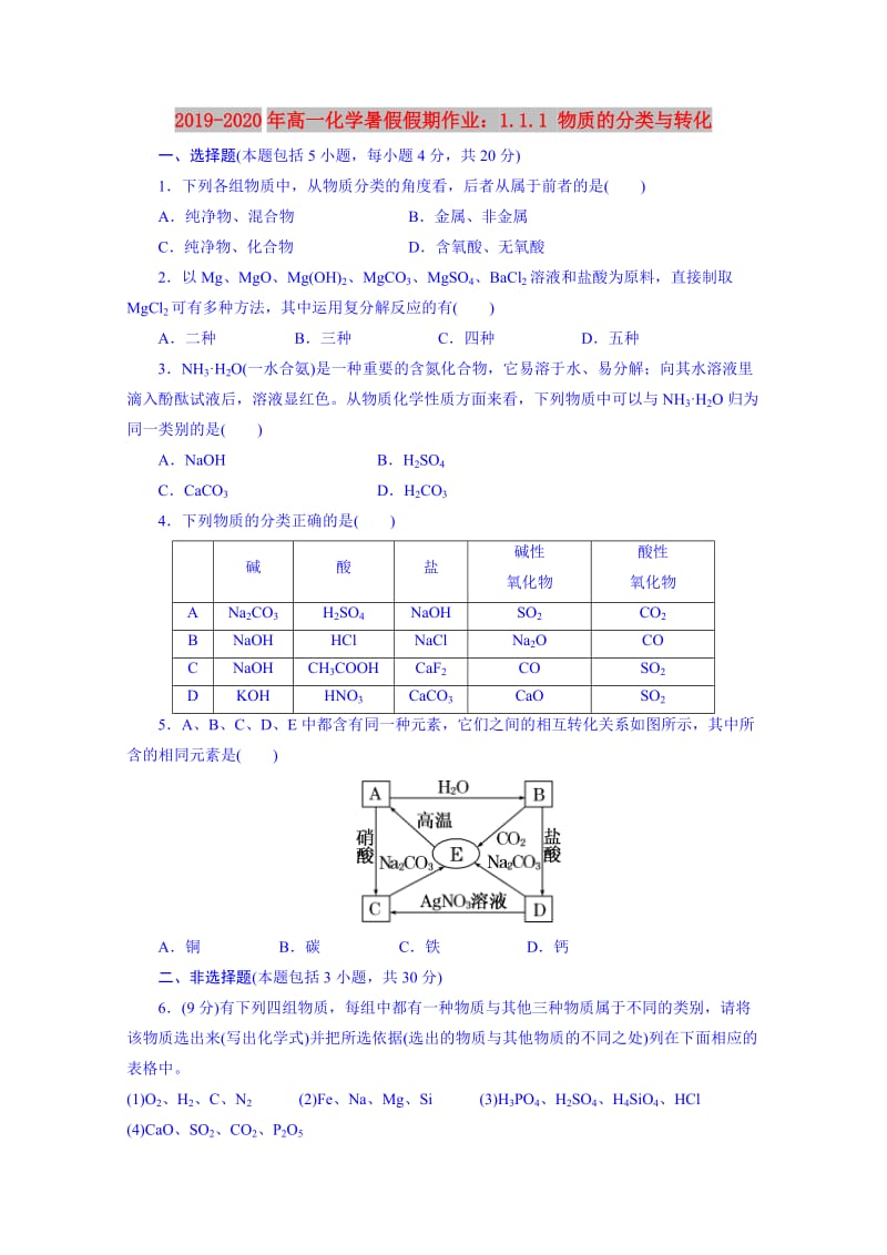 2019-2020年高一化学暑假假期作业：1.1.1 物质的分类与转化.doc_第1页