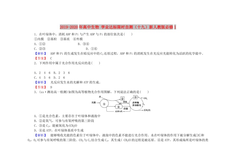 2019-2020年高中生物 学业达标限时自测（十九）新人教版必修1.doc_第1页