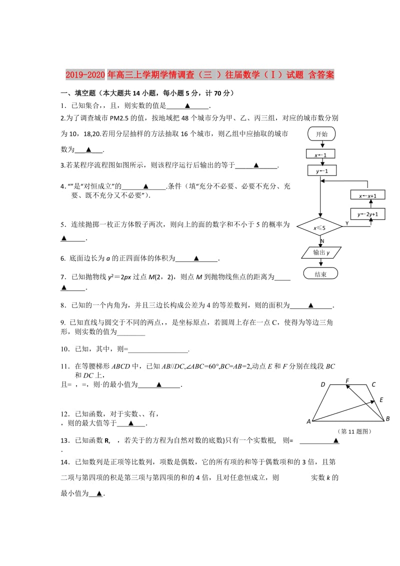 2019-2020年高三上学期学情调查（三 ）往届数学（Ⅰ）试题 含答案.doc_第1页