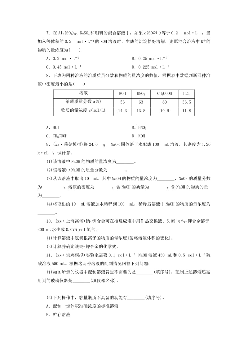 2019-2020年高考化学一轮复习 课时跟踪检测11 物质的量在化学实验中的应用 新人教版.doc_第2页