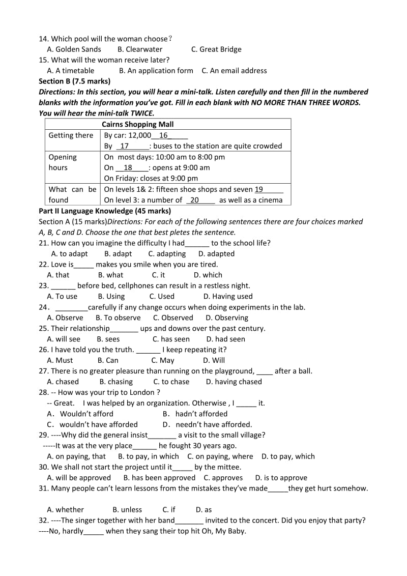 2019-2020年高三上学期第三次模拟考试 英语 含答案.doc_第2页