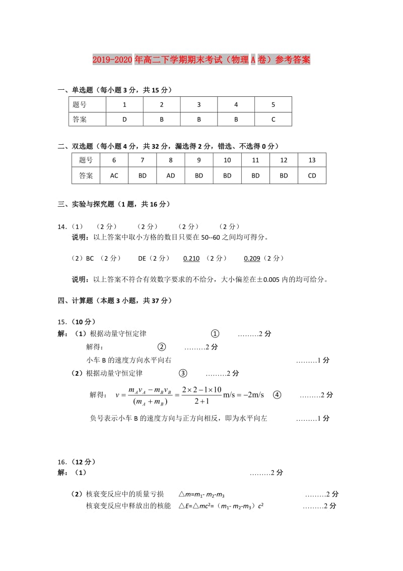 2019-2020年高二下学期期末考试（物理A卷）参考答案.doc_第1页