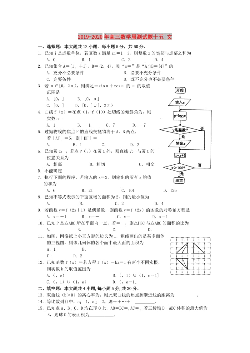 2019-2020年高三数学周测试题十五 文.doc_第1页