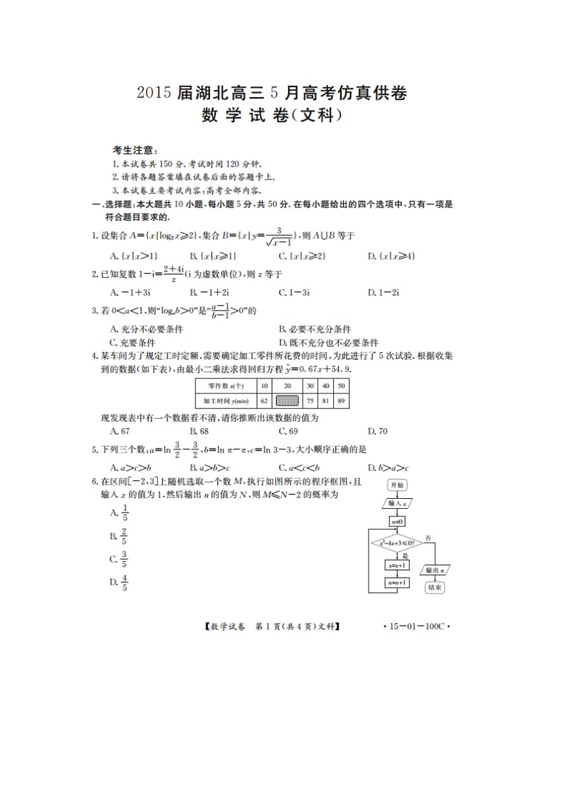 湖北省2015年5月高考文科数学仿真模拟试题及答案.doc_第1页