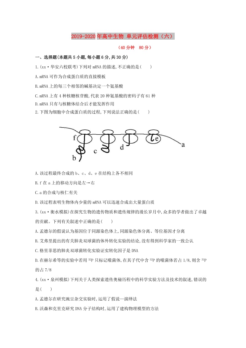 2019-2020年高中生物 单元评估检测（六） .doc_第1页