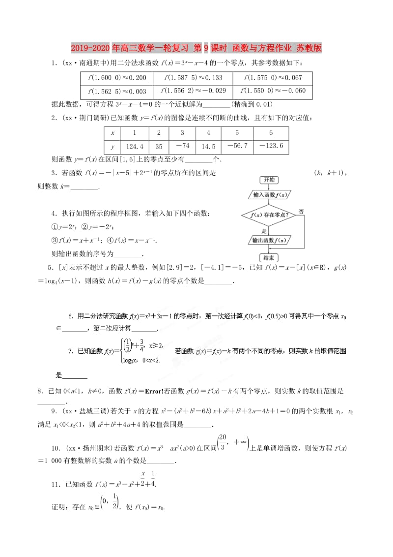 2019-2020年高三数学一轮复习 第9课时 函数与方程作业 苏教版.doc_第1页