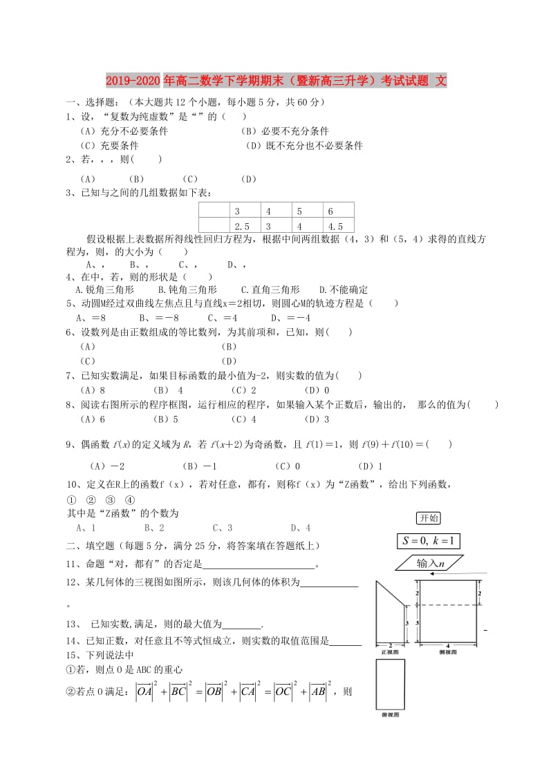 2019-2020年高二数学下学期期末（暨新高三升学）考试试题 文.doc_第1页