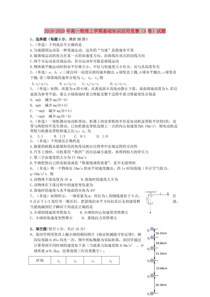 2019-2020年高一物理上学期基础知识应用竞赛（A卷）试题.doc_第1页