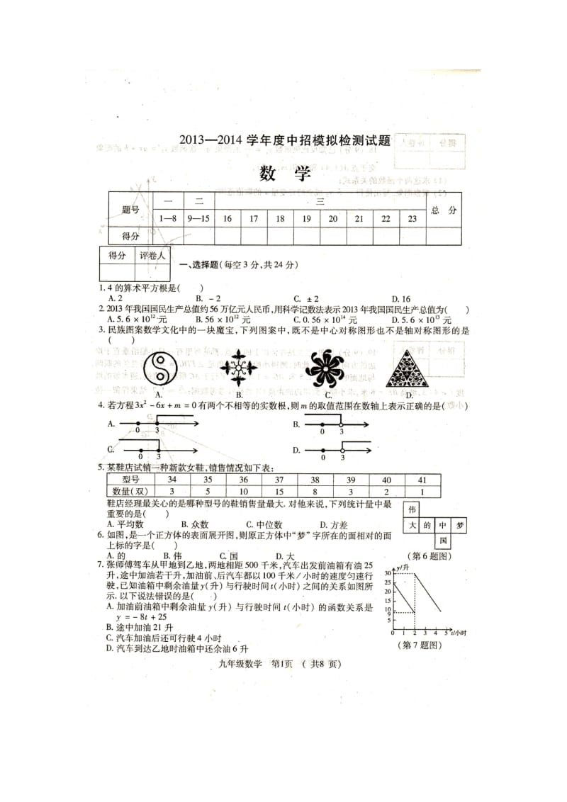 驻马店市2014年九年级下期中考模拟检测数学试卷及答案.doc_第1页