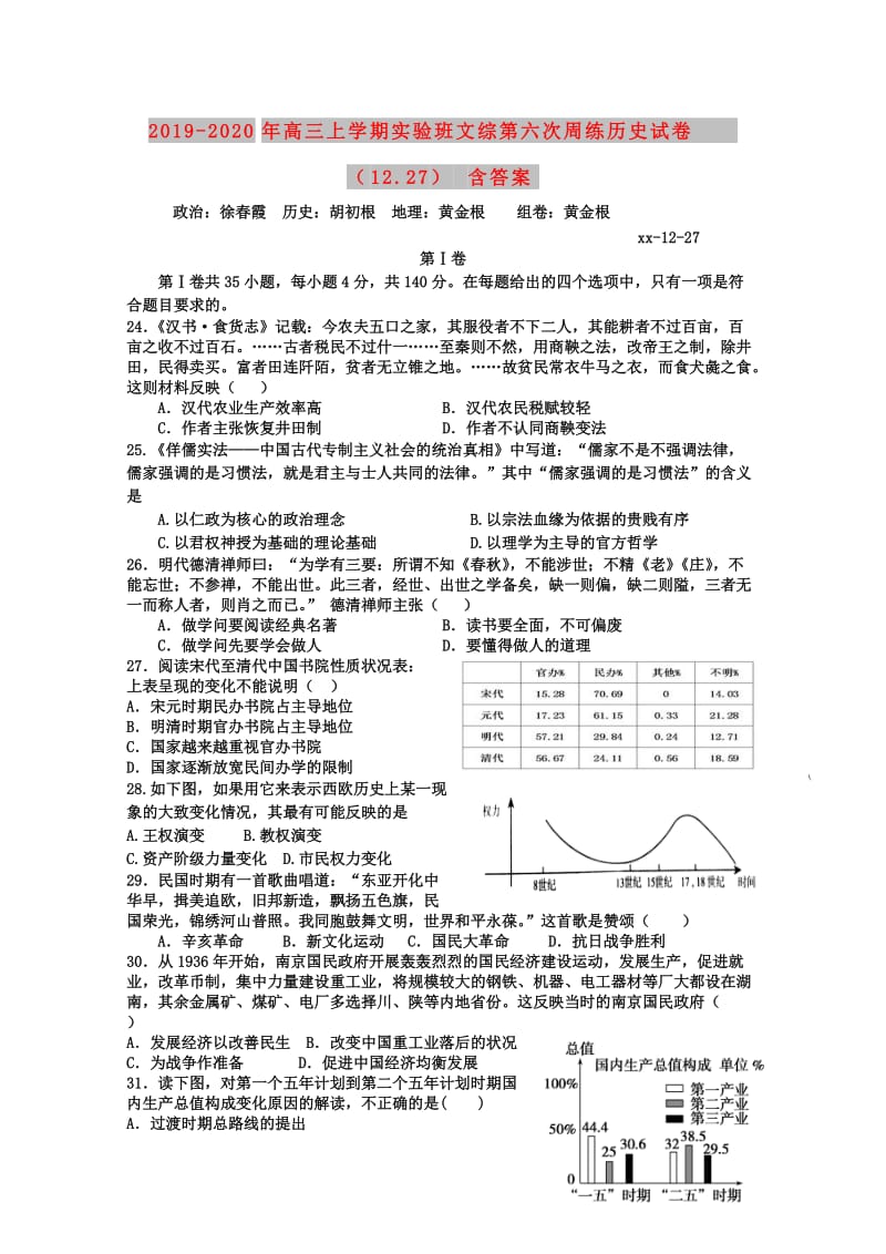 2019-2020年高三上学期实验班文综第六次周练历史试卷（12.27） 含答案.doc_第1页