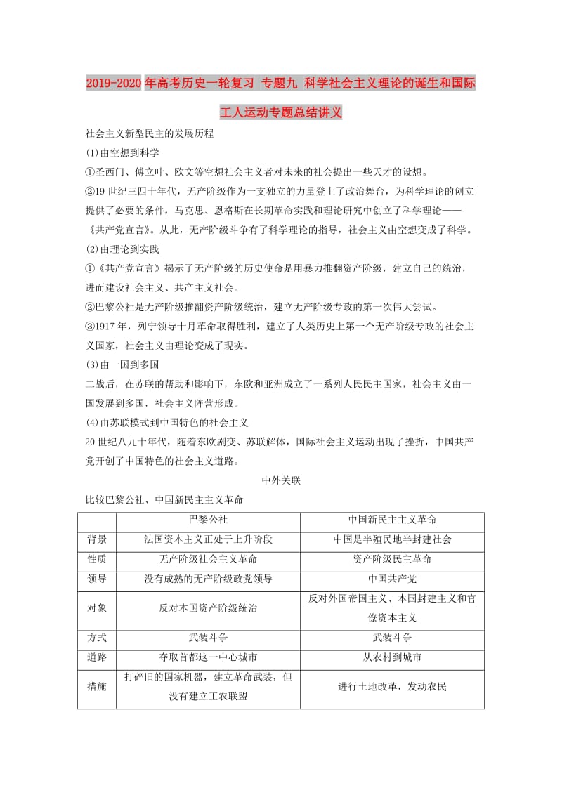 2019-2020年高考历史一轮复习 专题九 科学社会主义理论的诞生和国际工人运动专题总结讲义.doc_第1页