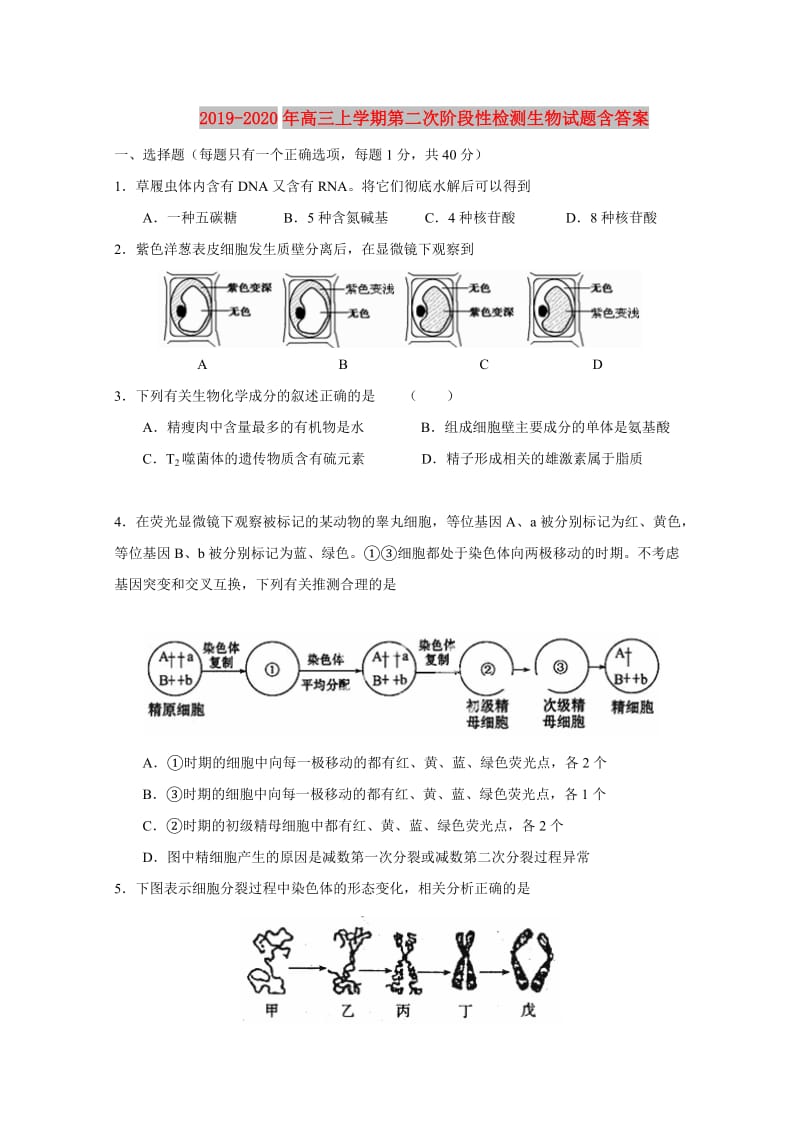 2019-2020年高三上学期第二次阶段性检测生物试题含答案.doc_第1页